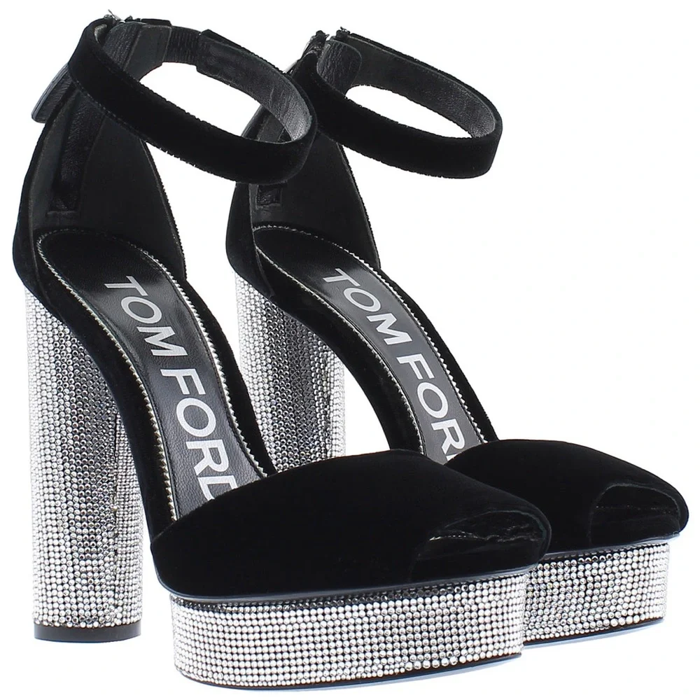 TOM FORD Black Velvet Crystal Holiday Platform Sandals 39